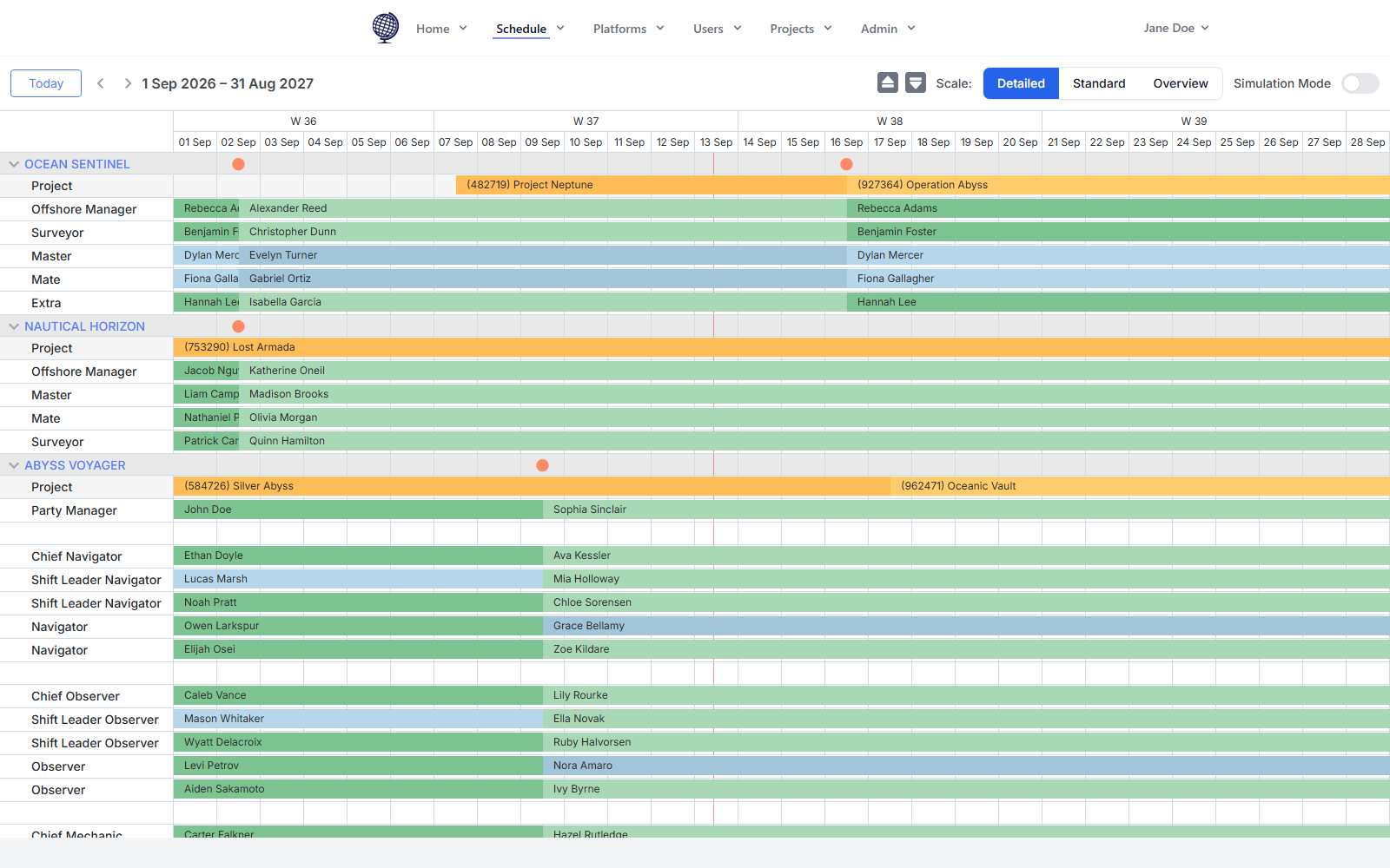 CrewSync schedule view showing crew rotations across three vessels, with roles, names, and active projects visible for each week.
